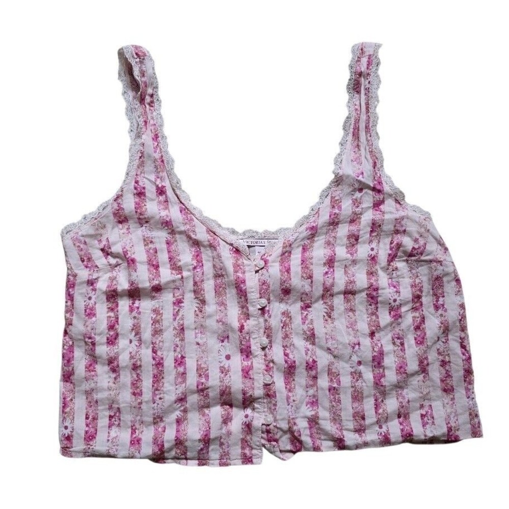 Victorias Secret Striped Cami Women XS Tank Crop Top Pink Floral Lace Oversize